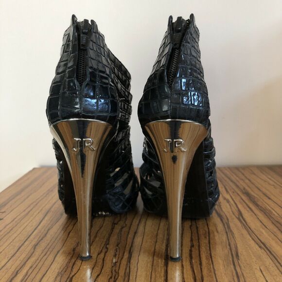 John Richmond Black Leather Strap Stilettos w/ Chrome Heels Size 38 US 7 ½ - Picture 5 of 9